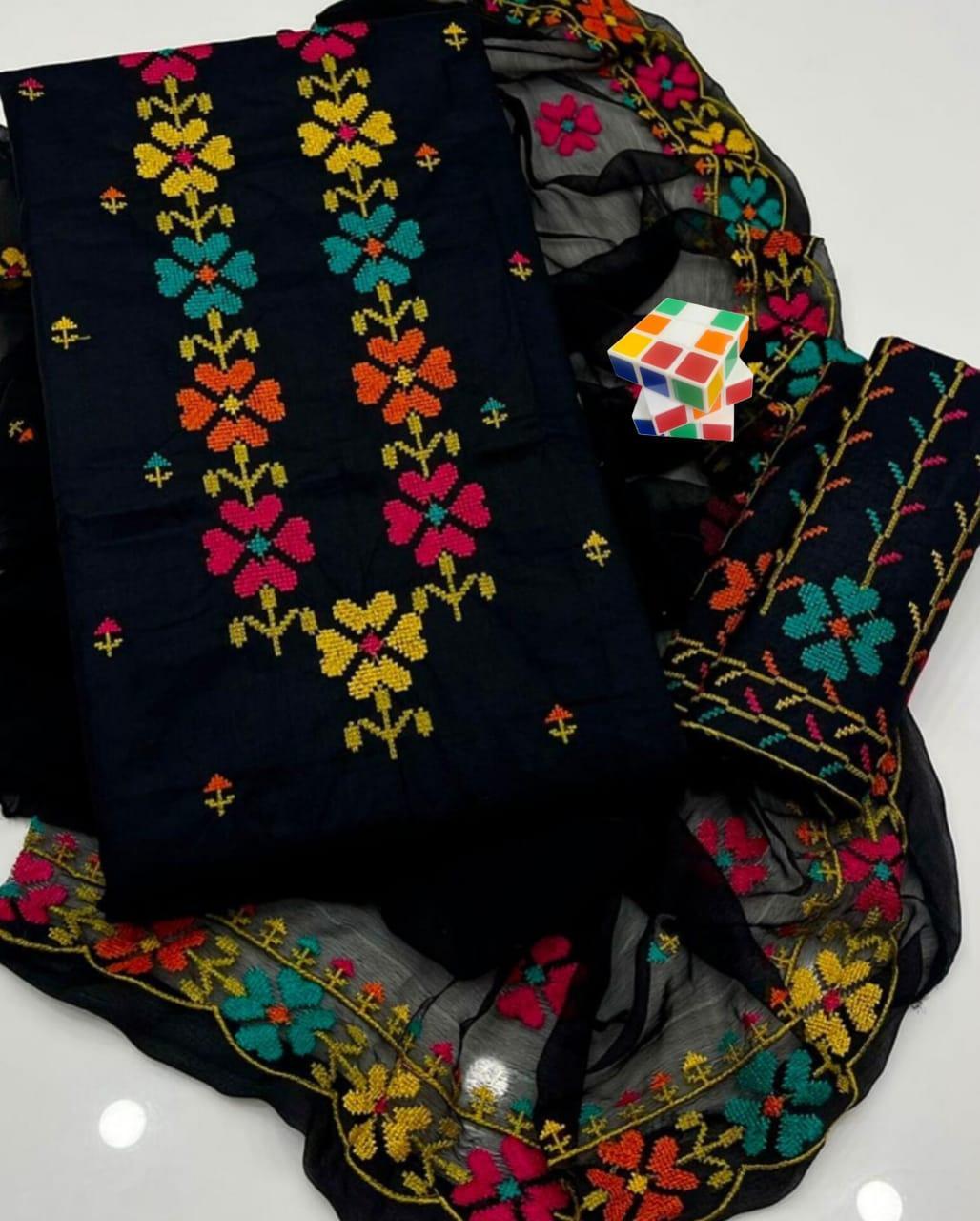 3 Pcs Women's Unstitched Chikankari Embroidered Suit