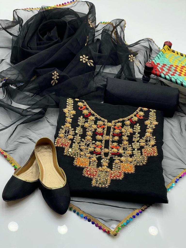 3 Pcs Women's Unstitched Zari Tilla Embroidered Suit