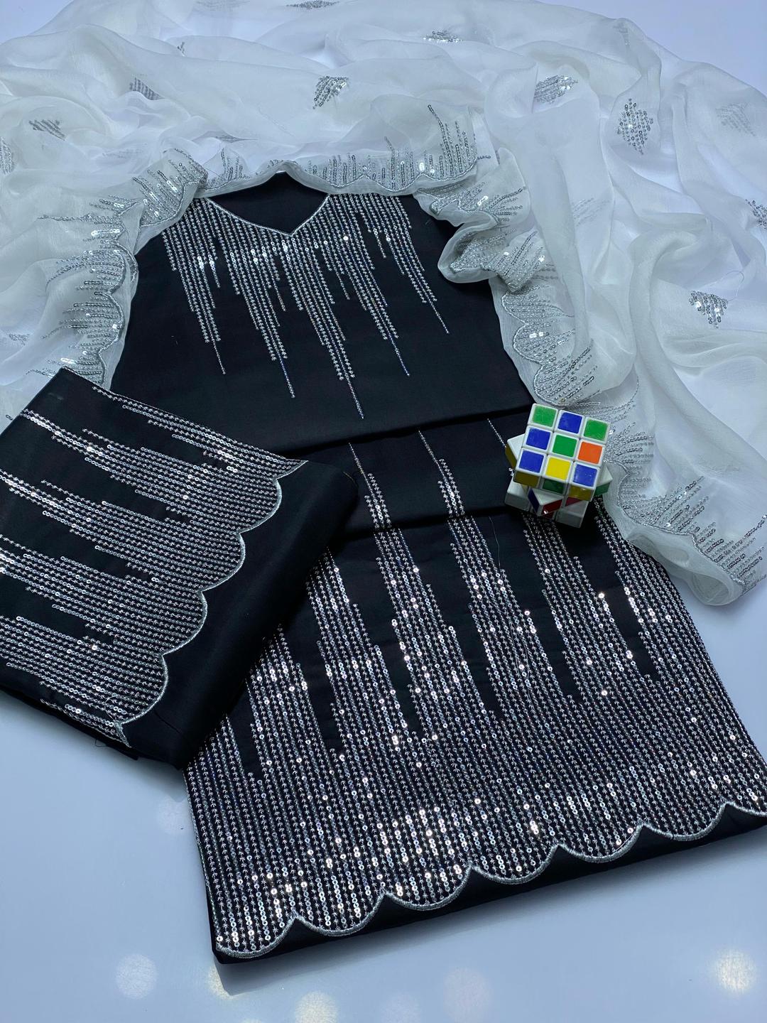 3 Pcs Women's Unstitched Zari Tilla Embroidered Suit