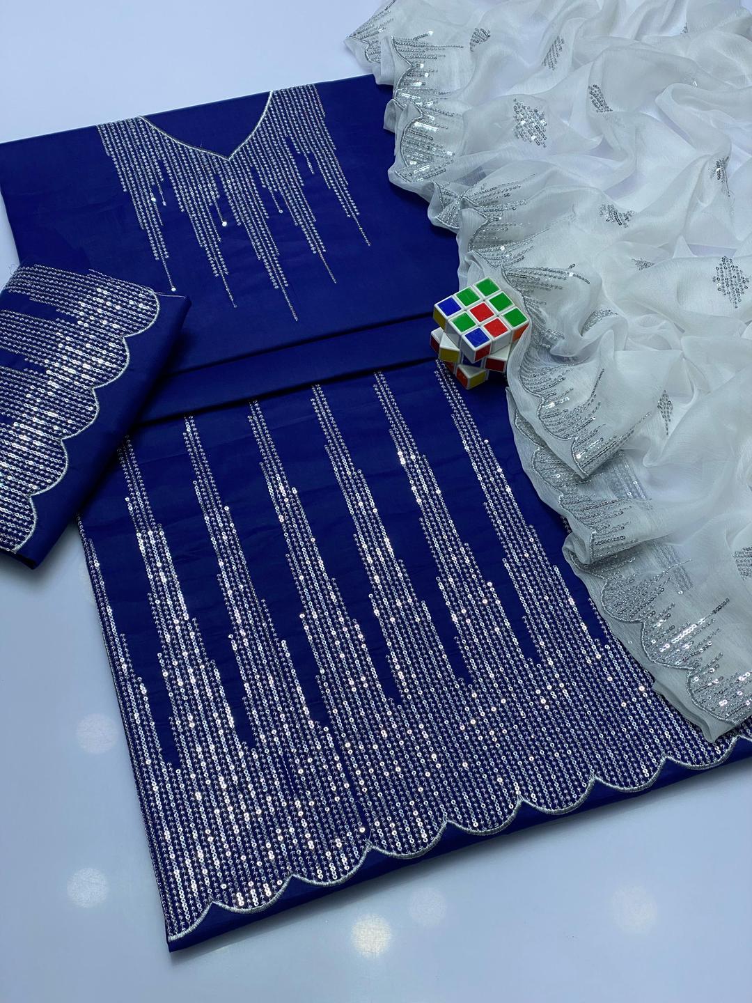 3 Pcs Women's Unstitched Zari Tilla Embroidered Suit