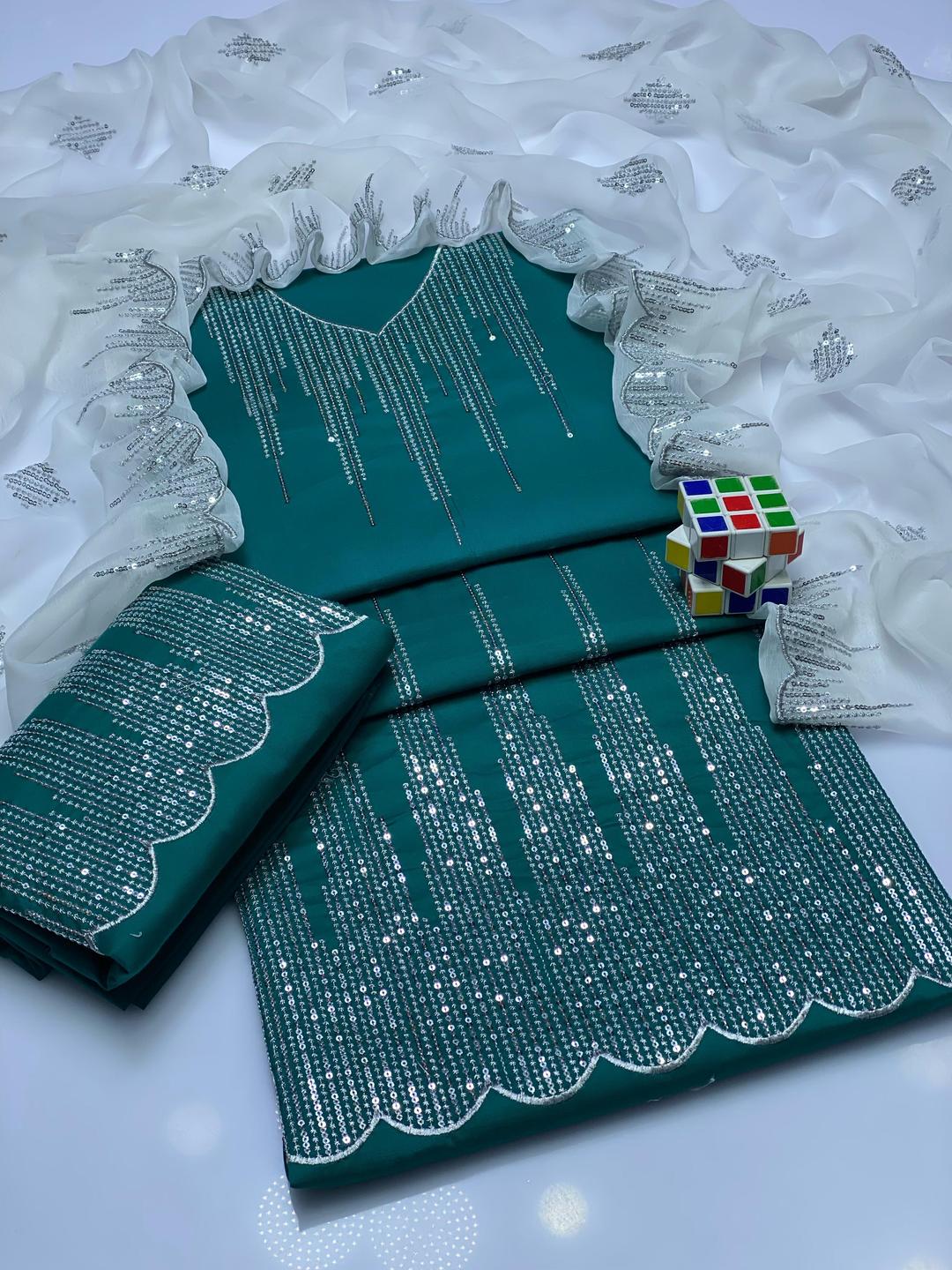 3 Pcs Women's Unstitched Zari Tilla Embroidered Suit