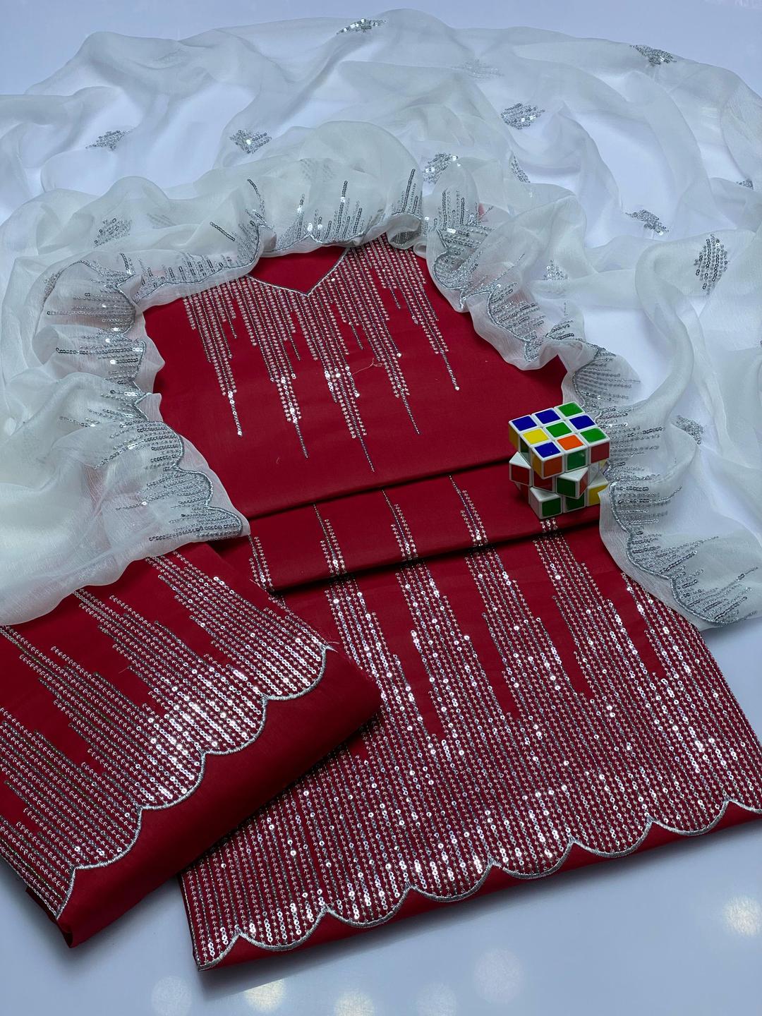 3 Pcs Women's Unstitched Zari Tilla Embroidered Suit