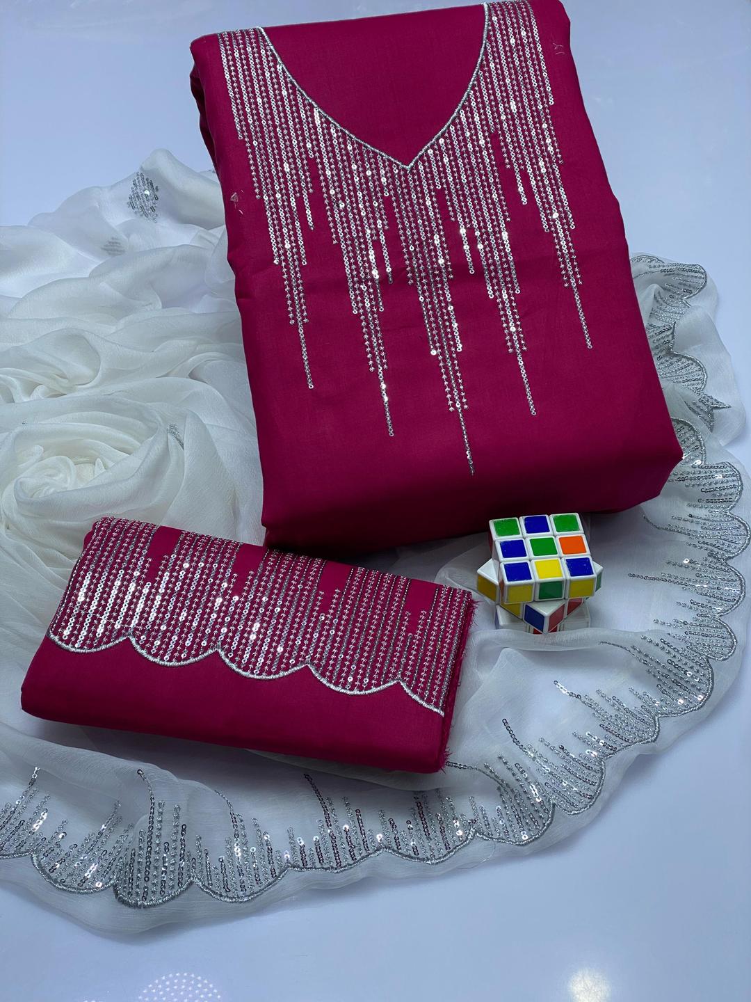 3 Pcs Women's Unstitched Zari Tilla Embroidered Suit