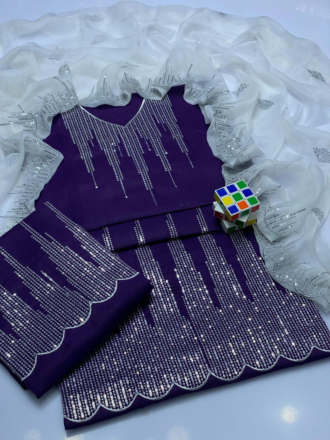 3 Pcs Women's Unstitched Zari Tilla Embroidered Suit