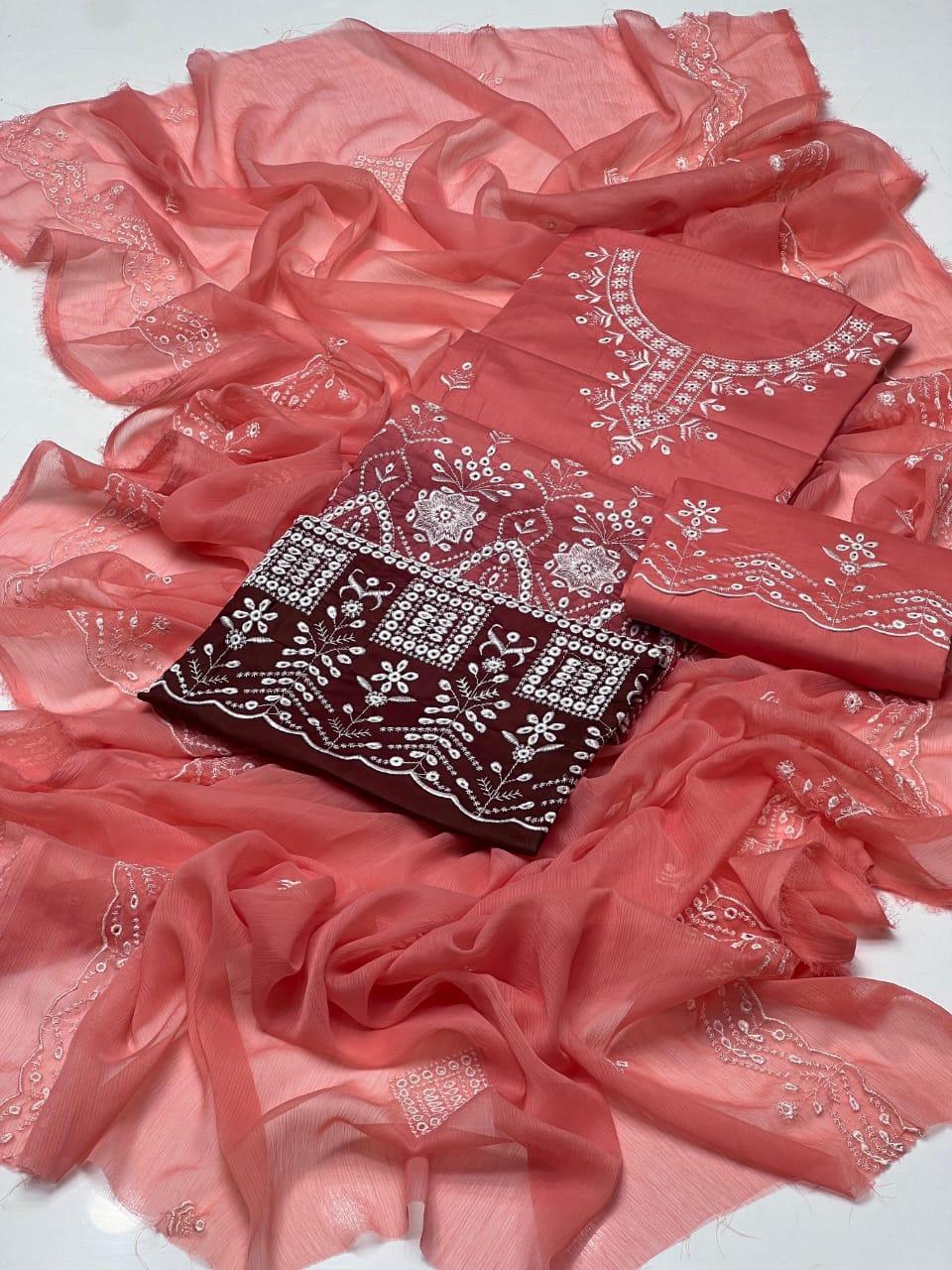 3 Pcs Women's Unstitched Chikankari Embroidered Suit