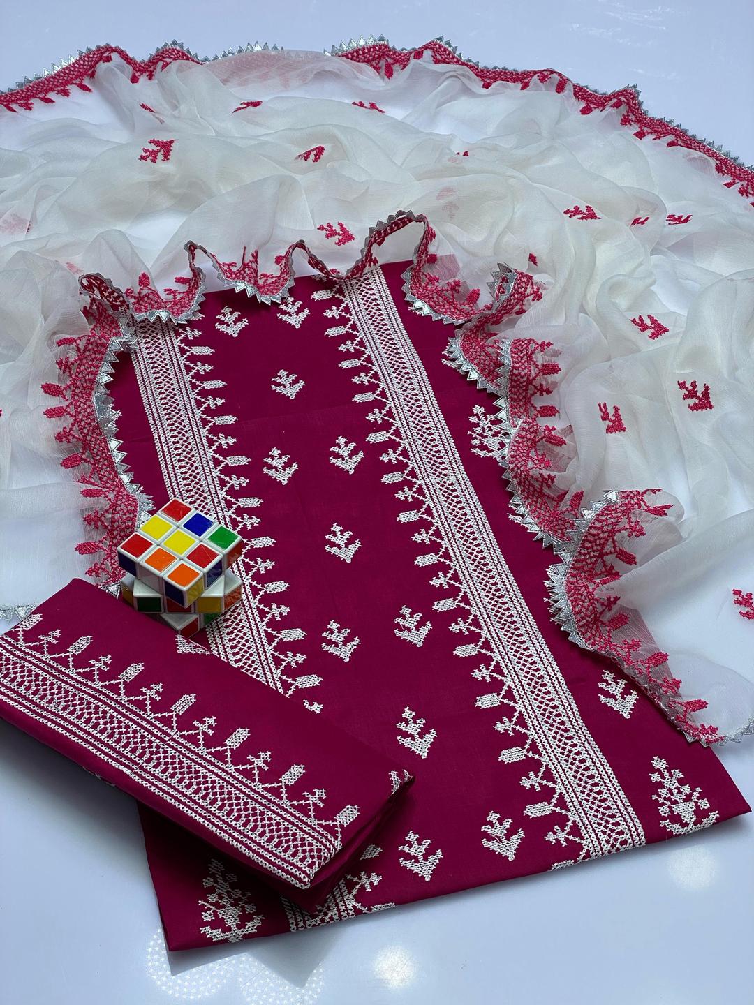 3 Pcs Women's Unstitched Chikankari Embroidered Suit