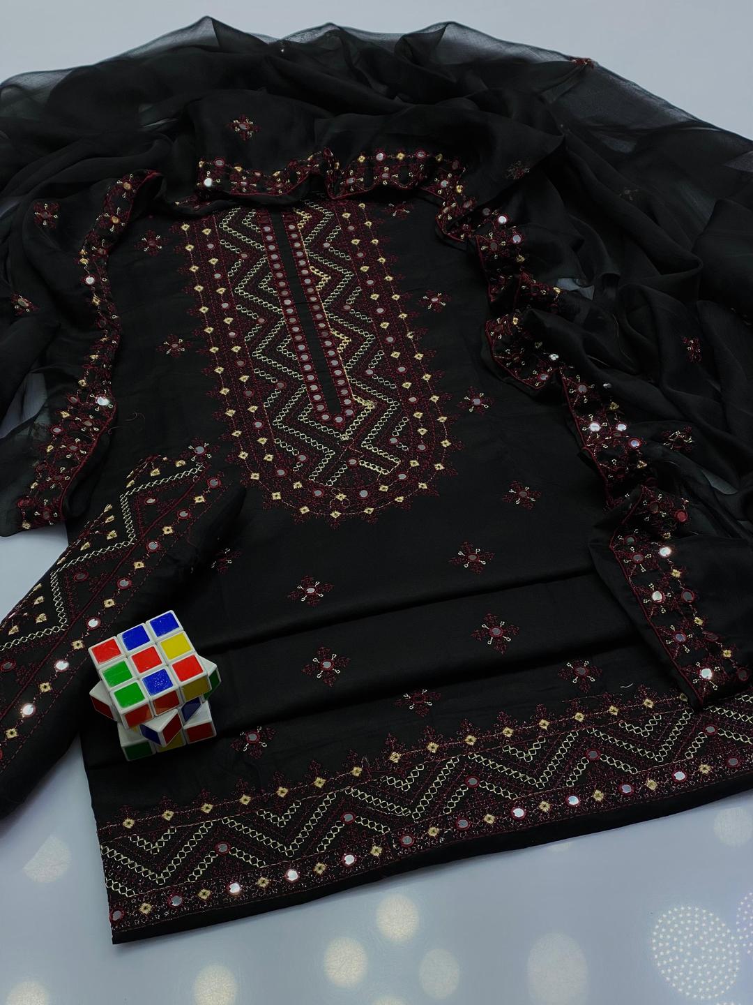 3 Pcs Women's Unstitched Sequins Embroidered Suit