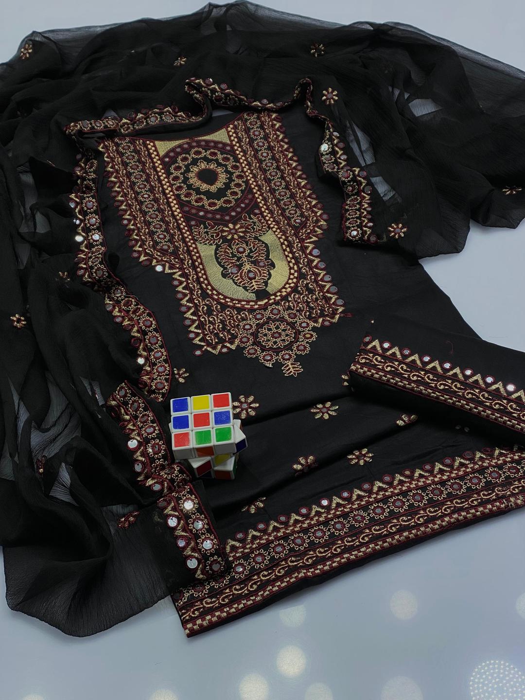 3 Pcs Women's Unstitched Sequins Embroidered Suit