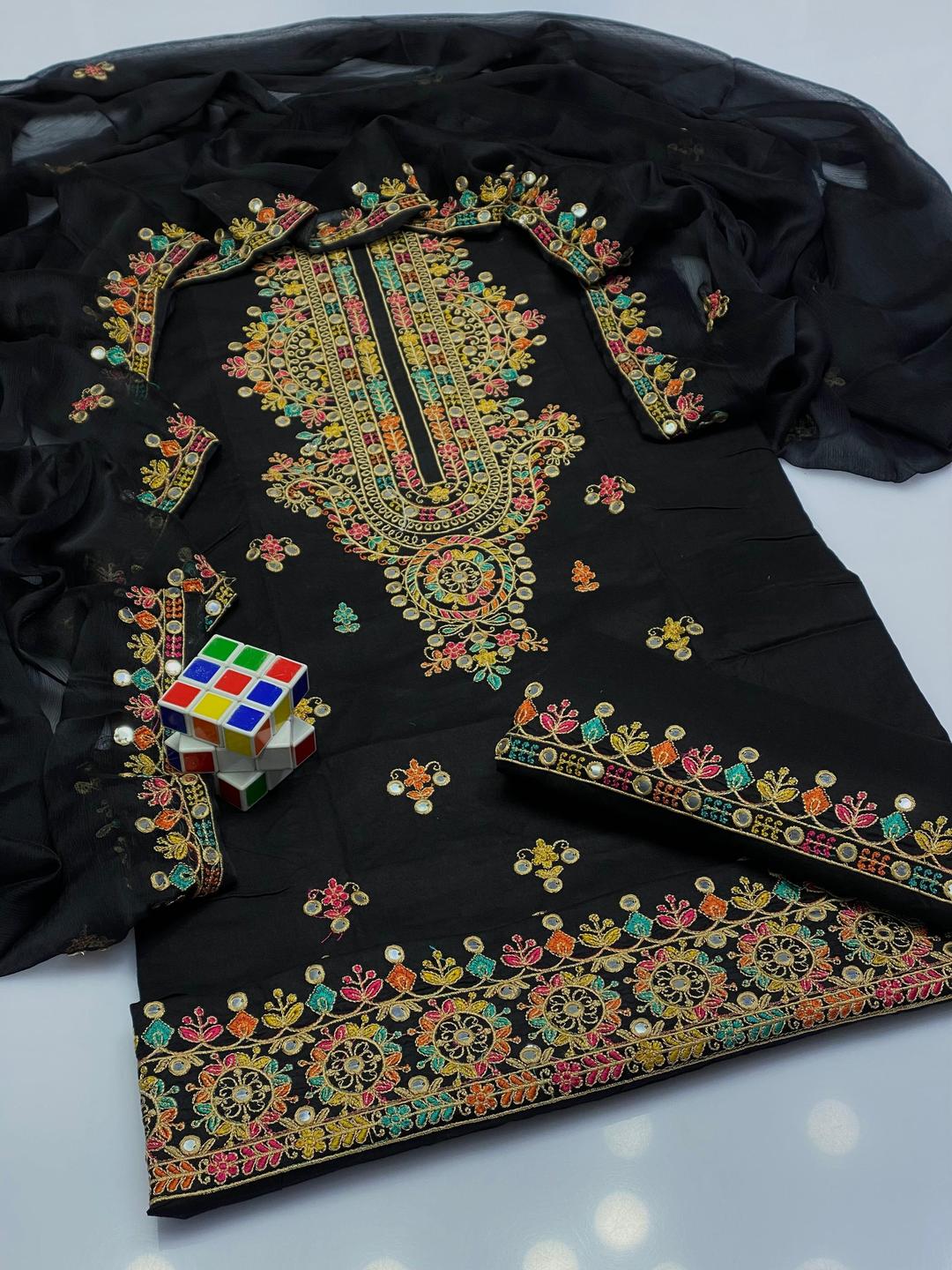 3 Pcs Women's Unstitched Sequins Embroidered Suit