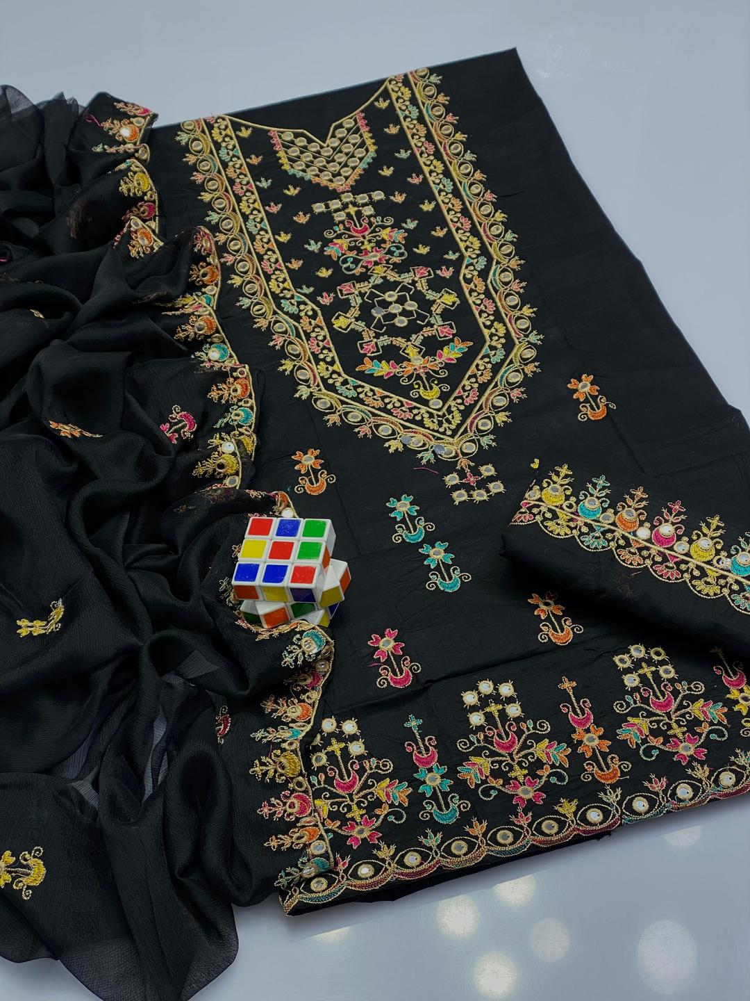 3 Pcs Women's Unstitched Sequins Embroidered Suit