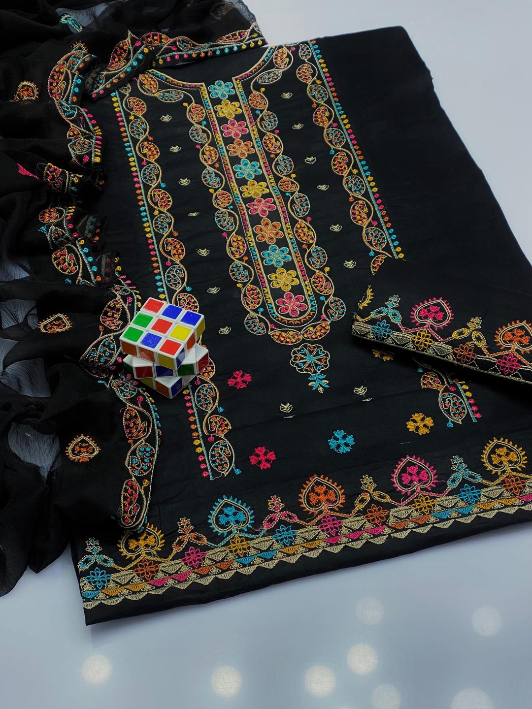 3 Pcs Women's Unstitched Sequins Embroidered Suit