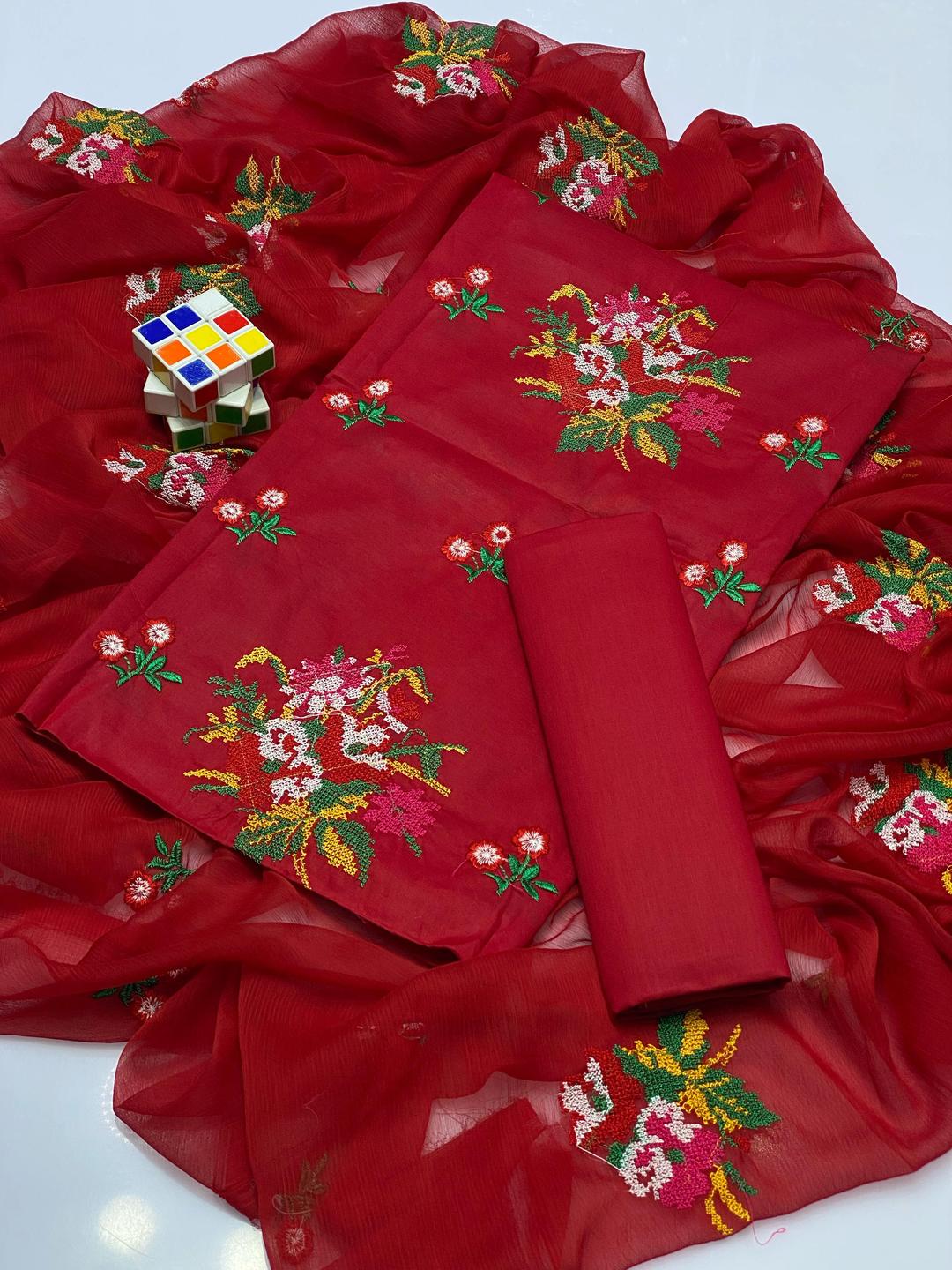 3 Pcs Women's Unstitched Chikankari Embroidered Suit