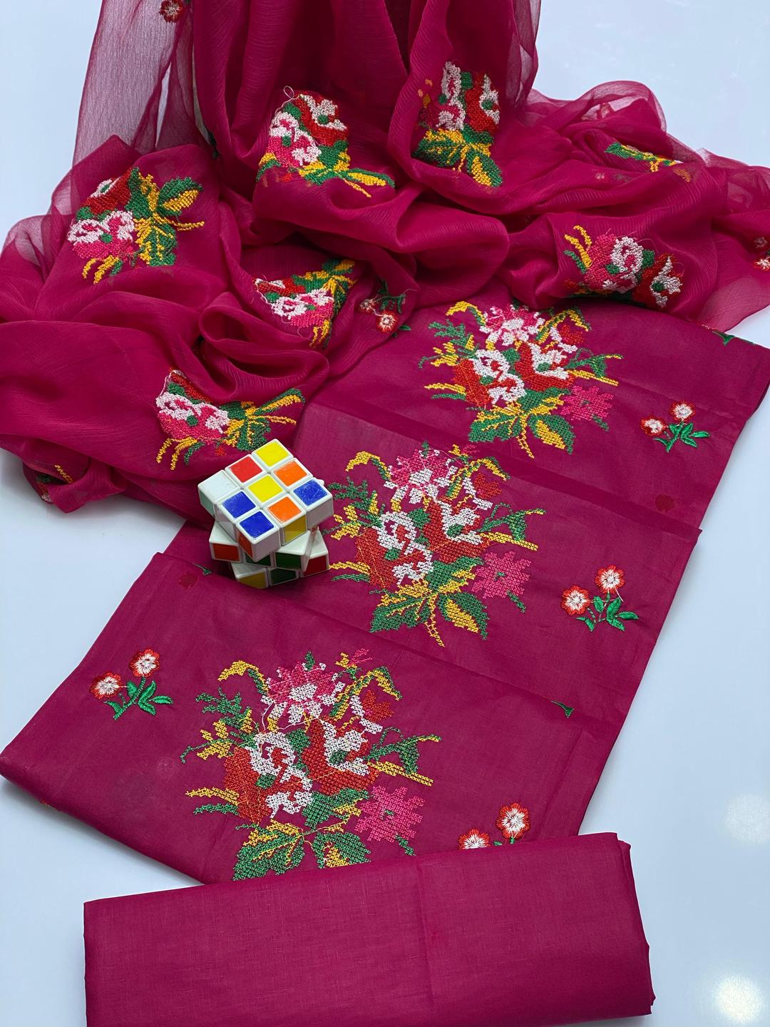 3 Pcs Women's Unstitched Chikankari Embroidered Suit