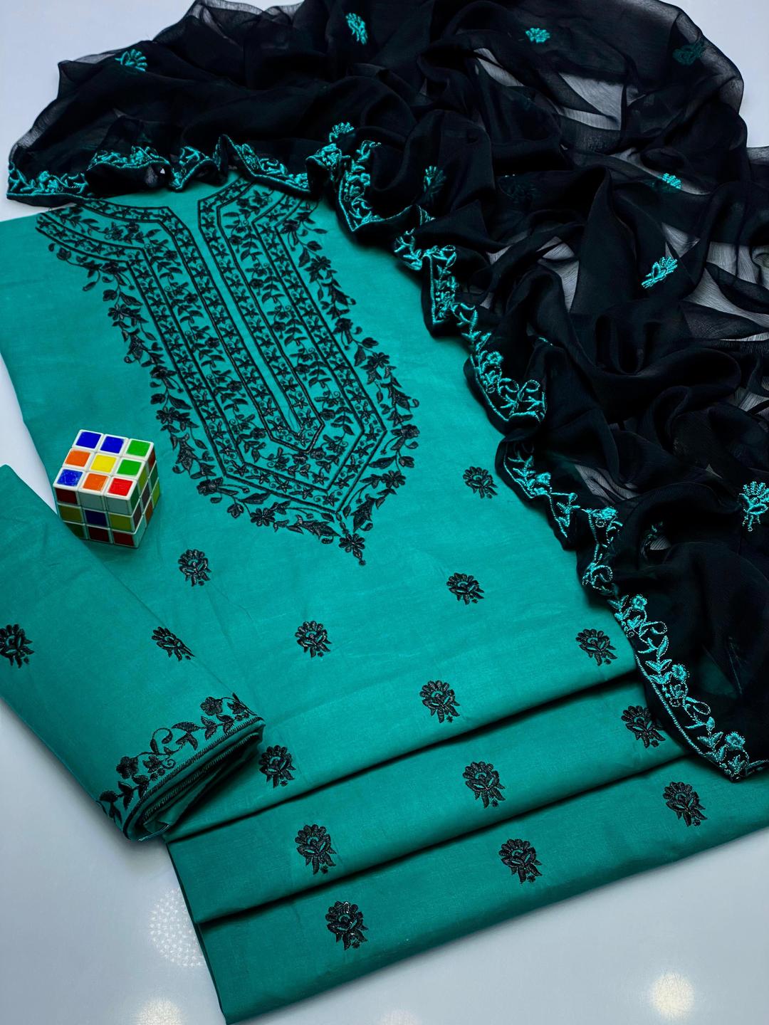 3 Pcs Women's Unstitched Chikankari Embroidered Suit