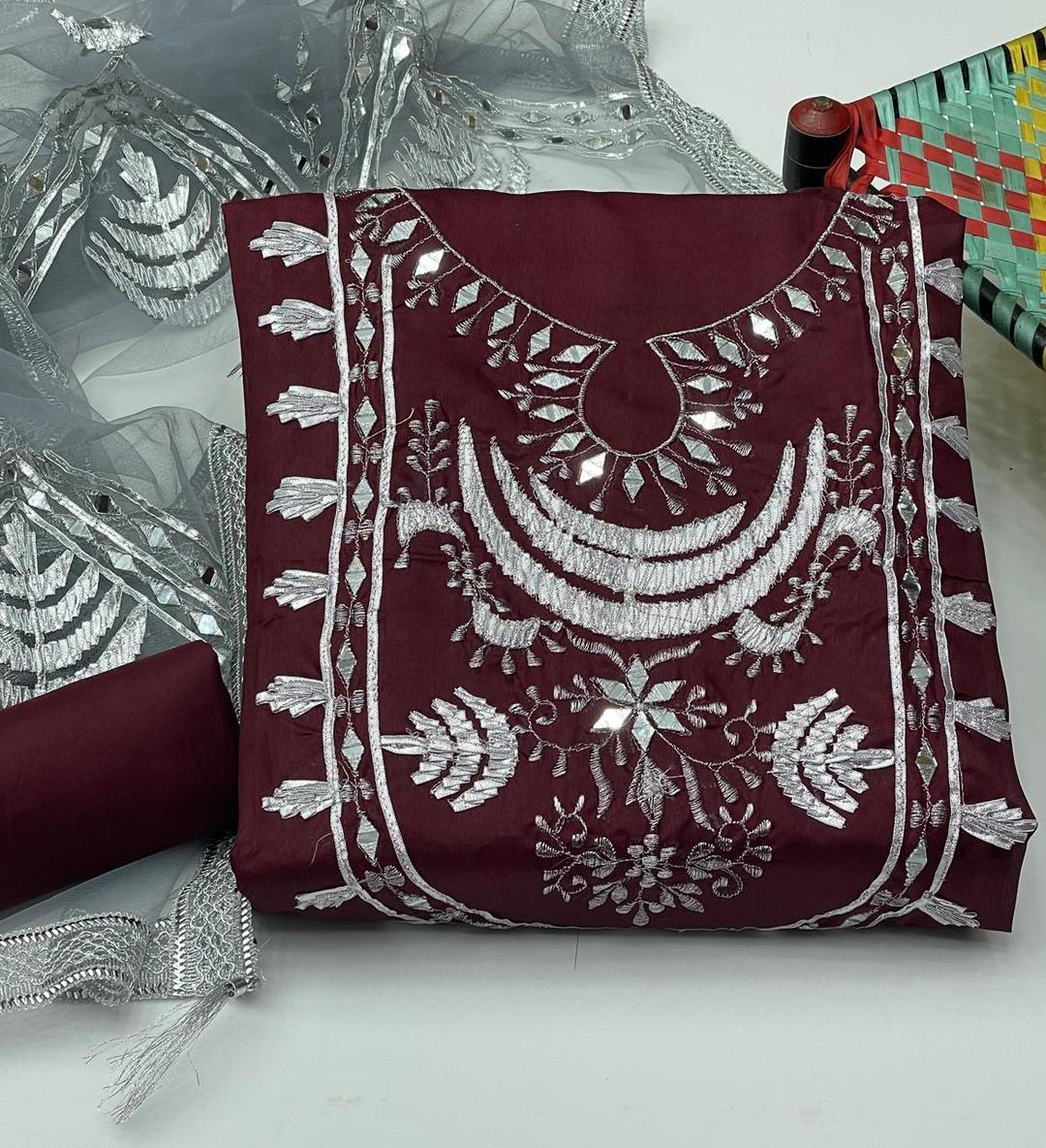 3 Pcs Women's Unstitched Mirror Work Suit