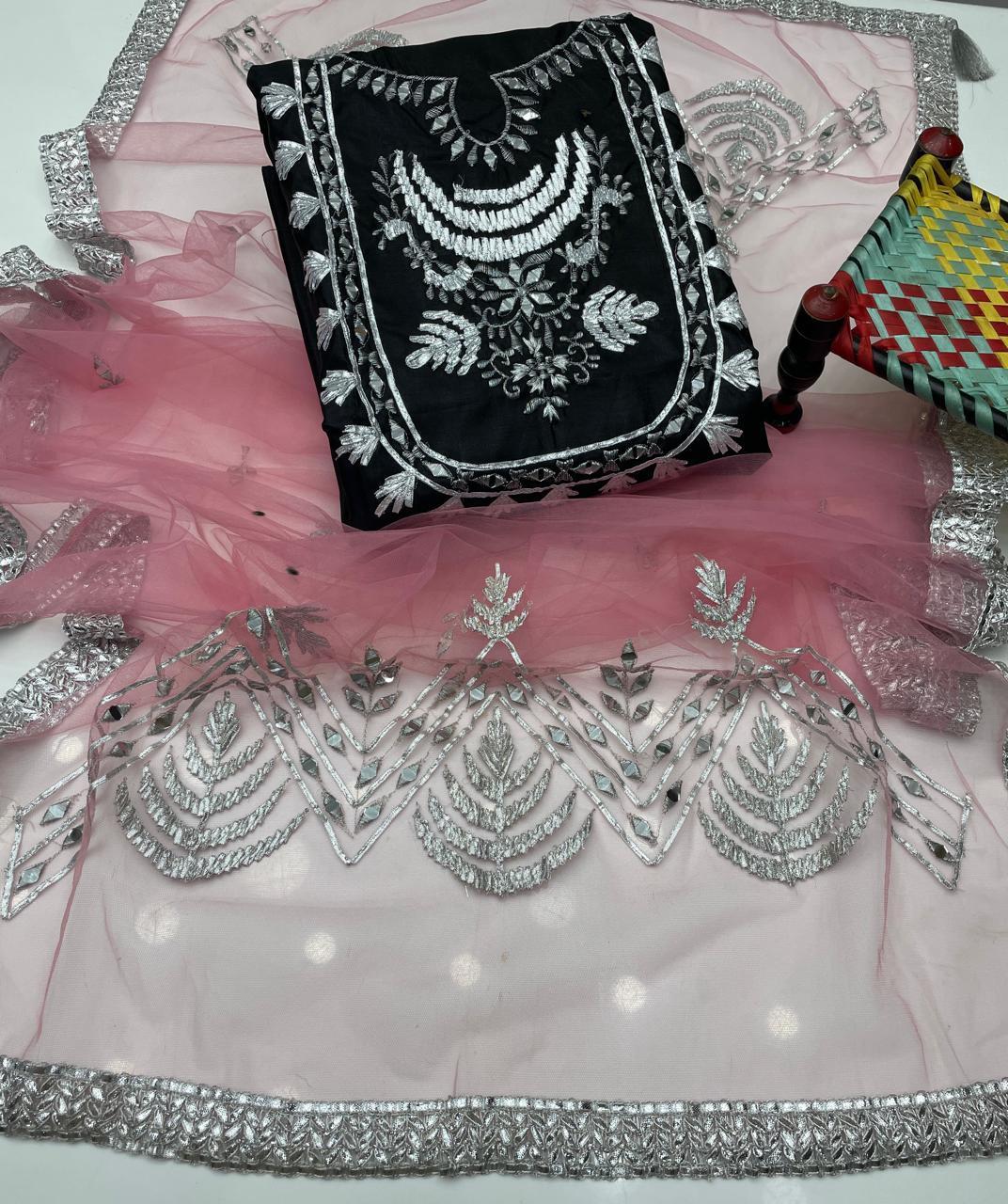 3 Pcs Women's Unstitched Mirror Work Suit