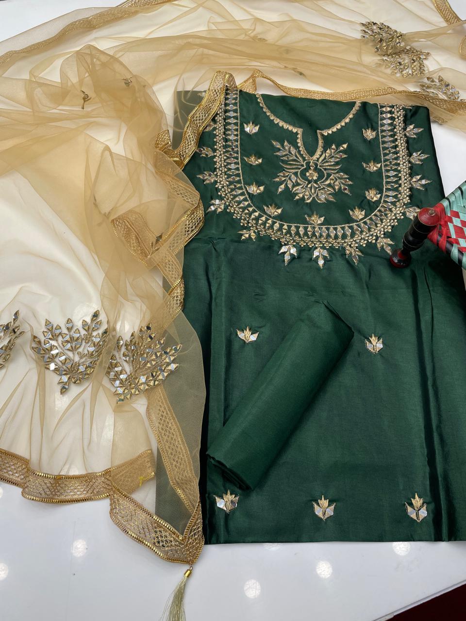 3 Pcs Women's Unstitched Mirror Work Suit