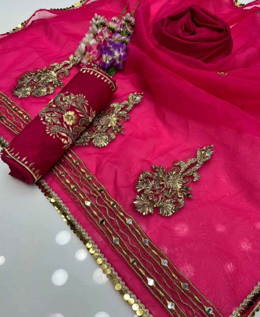 3 Pcs Women's Unstitched Mirror Work Suit