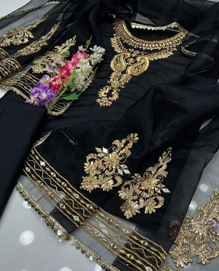 3 Pcs Women's Unstitched Mirror Work Suit