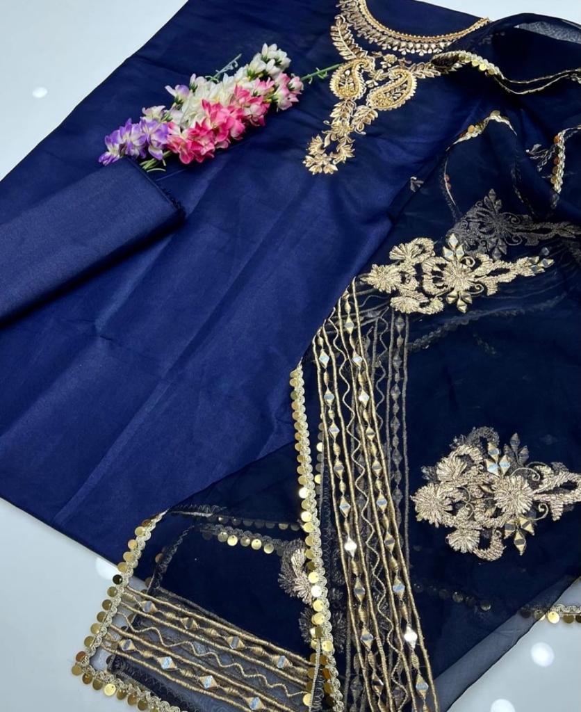 3 Pcs Women's Unstitched Mirror Work Suit