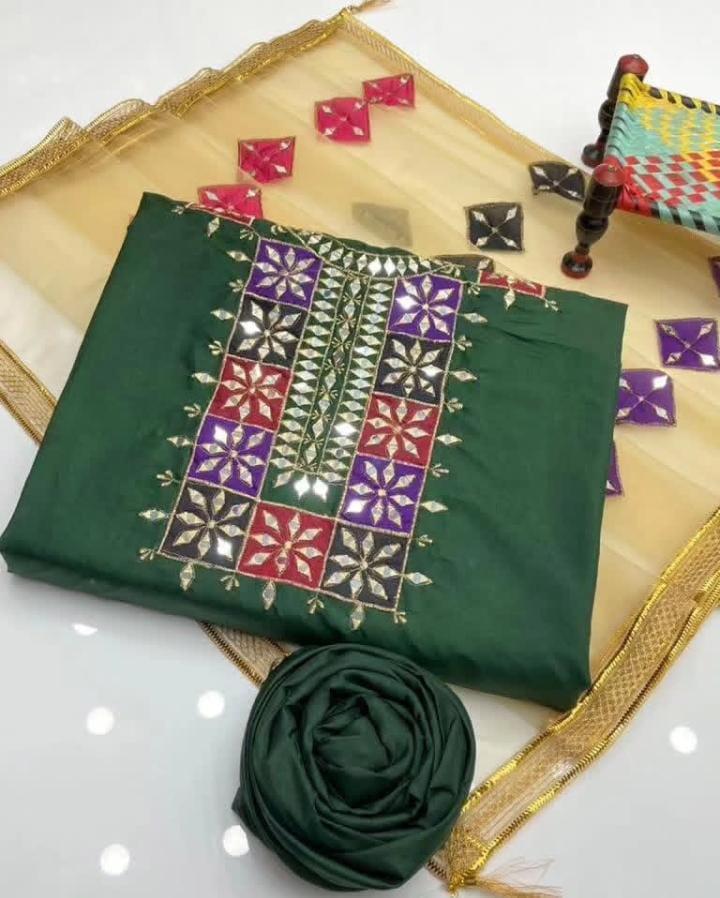 3 Pcs Women's Unstitched Mirror Work Suit