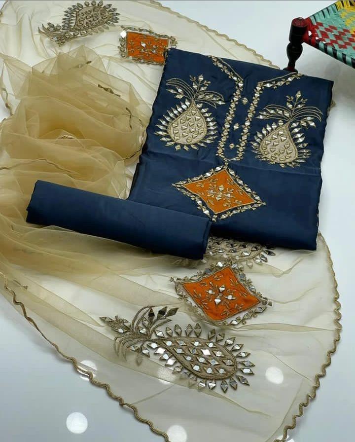 3 Pcs Women's Unstitched Mirror Work Suit