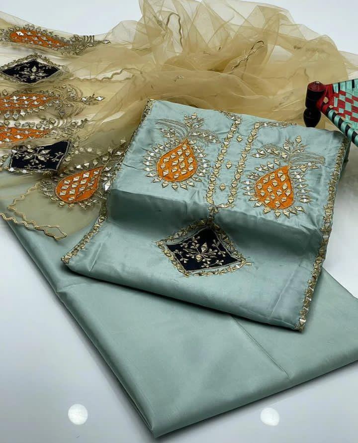 3 Pcs Women's Unstitched Mirror Work Suit