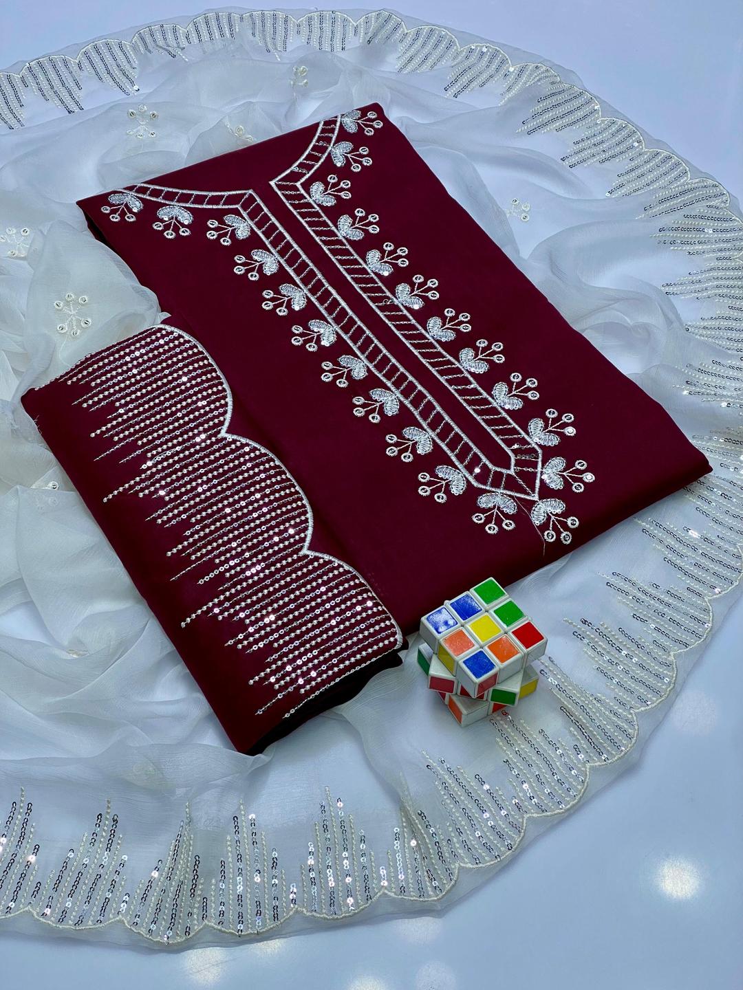 3 Pcs Women's Unstitched Sequins Embroidered Suit