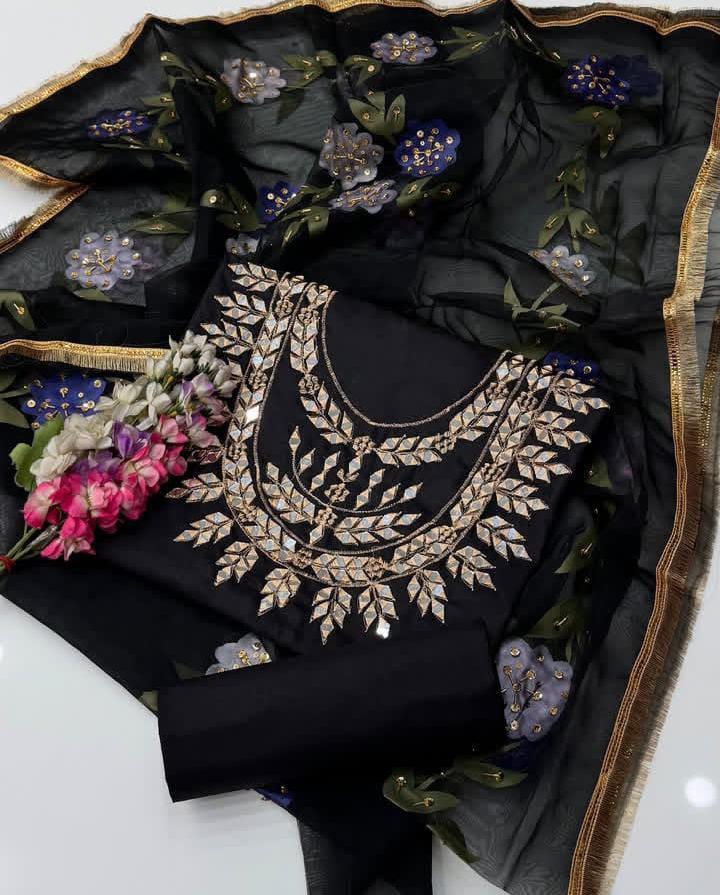 3 Pcs Women's Unstitched Mirror Work Suit