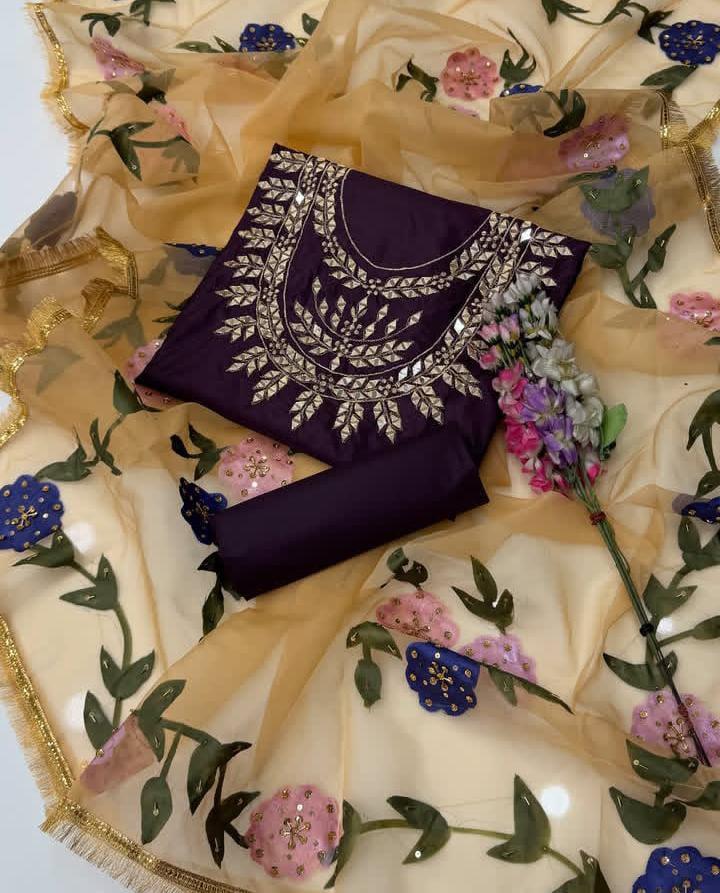 3 Pcs Women's Unstitched Mirror Work Suit