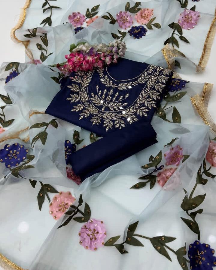 3 Pcs Women's Unstitched Mirror Work Suit