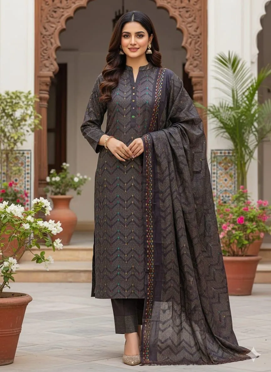 3 Pcs Women's Unstitched Printed Embroidered Suit