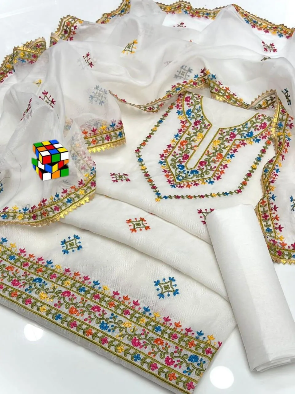 3 Pcs Women's Unstitched Chikankari Embroidered Suit