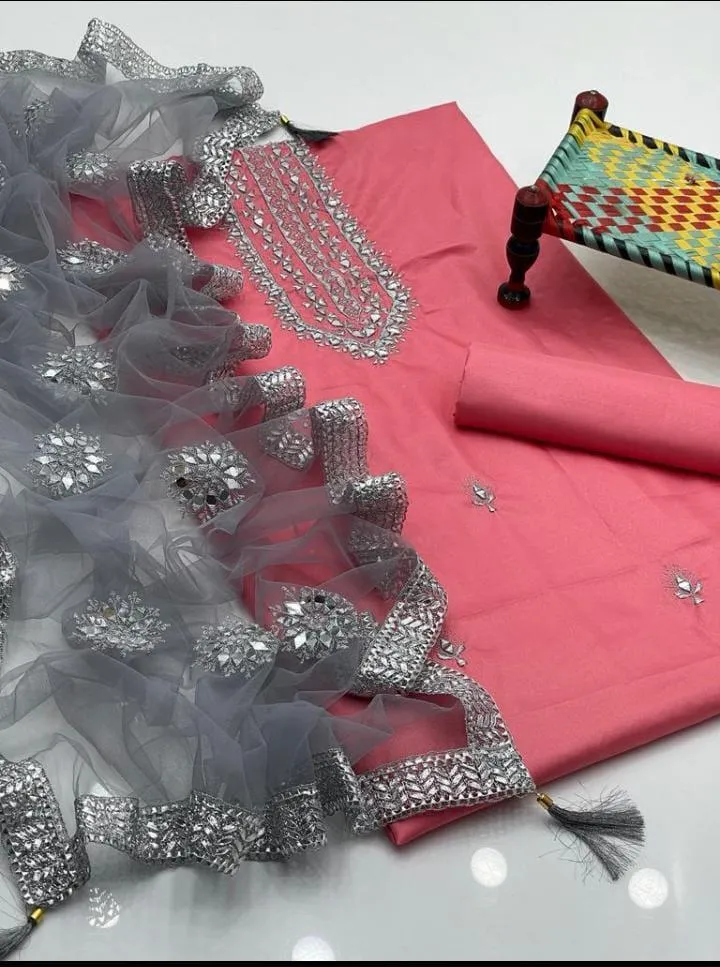 3 Pcs Women's Unstitched Sheesha Work Suit