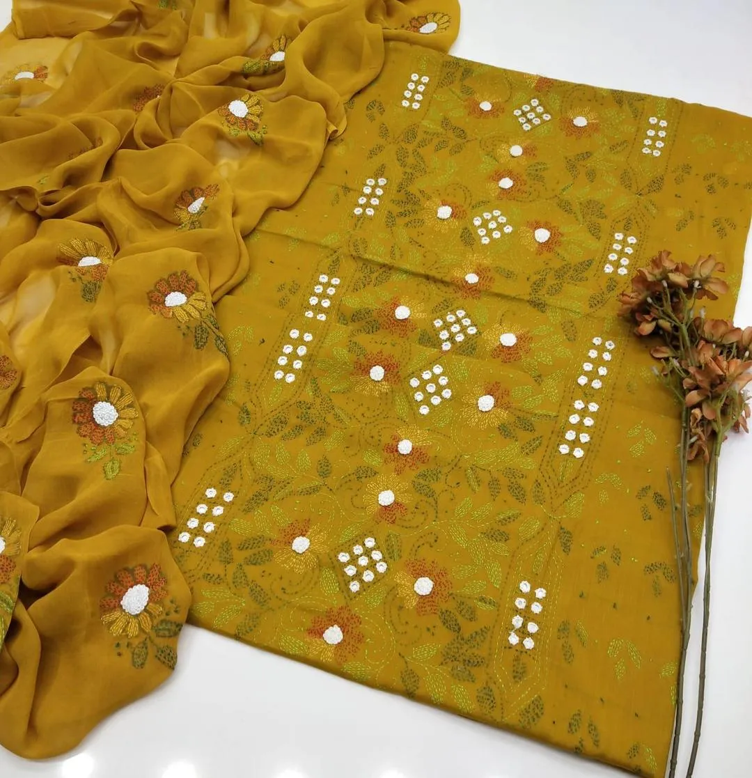 3 Pcs Women's Unstitched Hand Work Suit