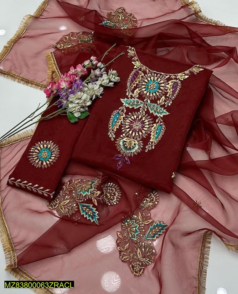 2 Pcs Women's Unstitched Organza Embroidered Suit