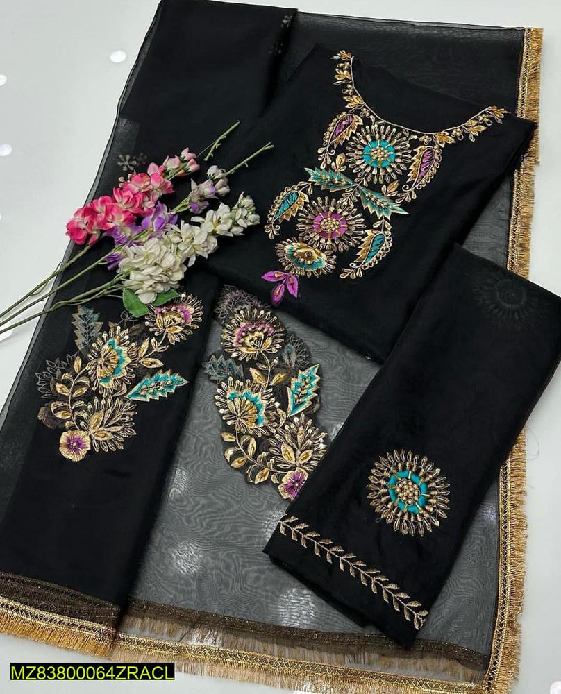 2 Pcs Women's Unstitched Organza Embroidered Suit