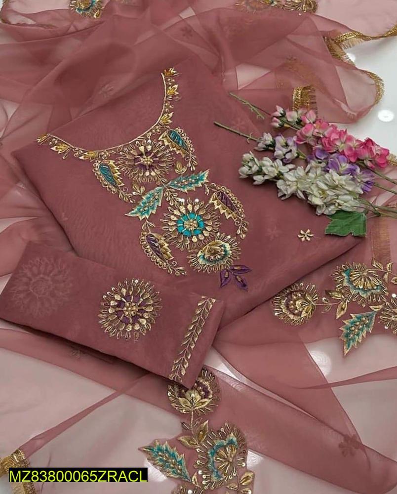 2 Pcs Women's Unstitched Organza Embroidered Suit