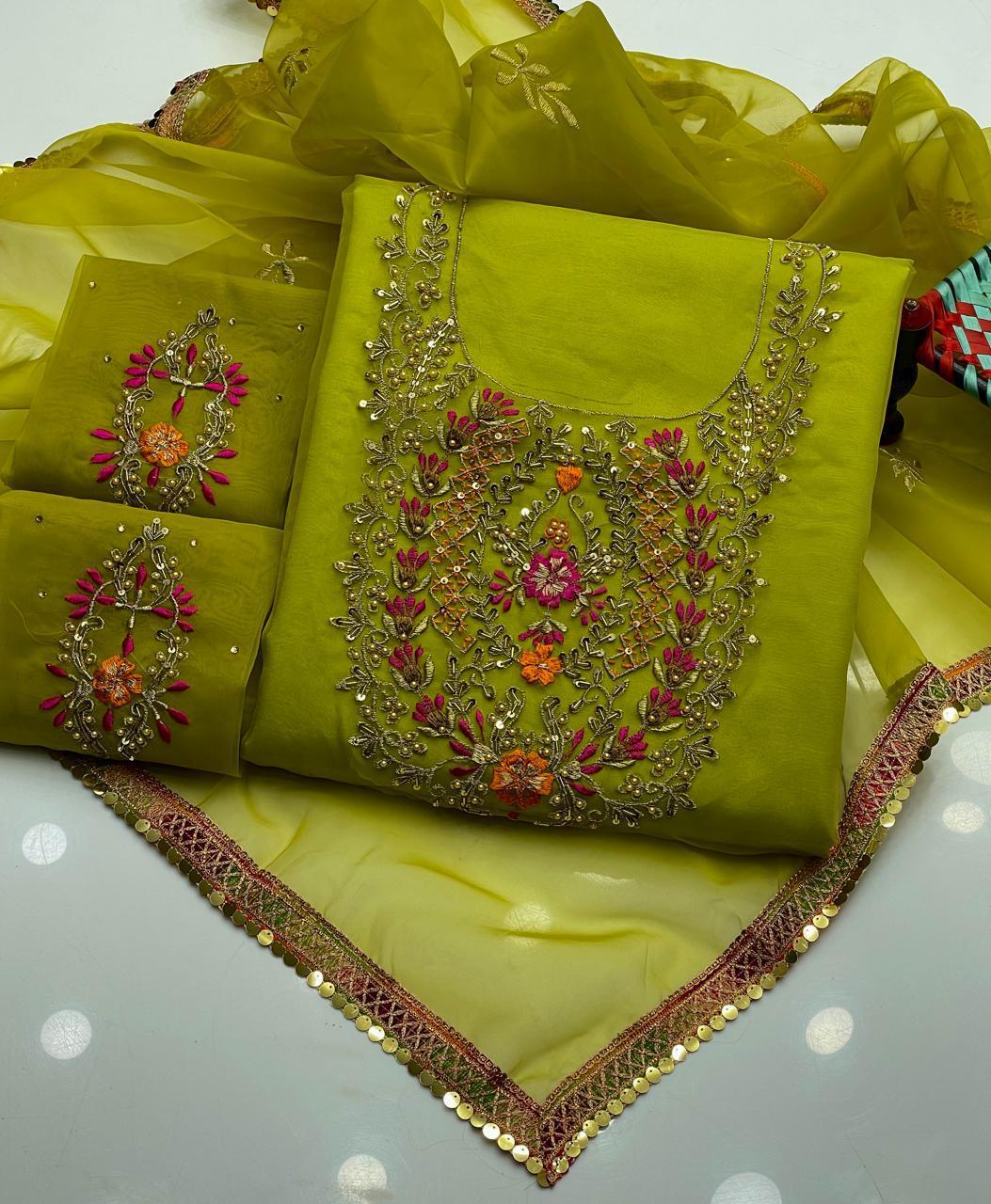 2 Pcs Women's Unstitched Zari Tilla Embroidered Suit