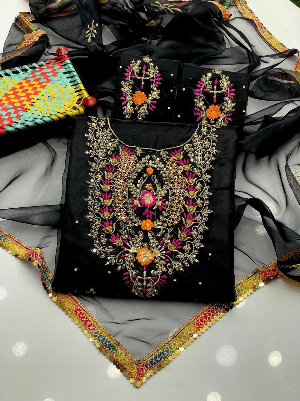 2 Pcs Women's Unstitched Zari Tilla Embroidered Suit