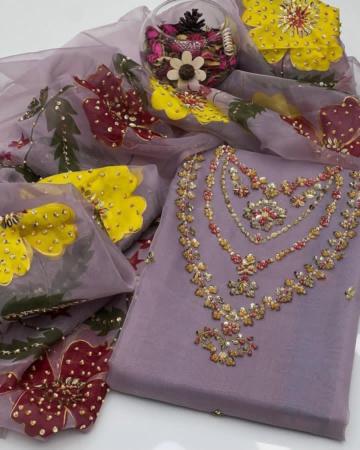 2 Pcs Women's Unstitched Zari Tilla Embroidered Suit