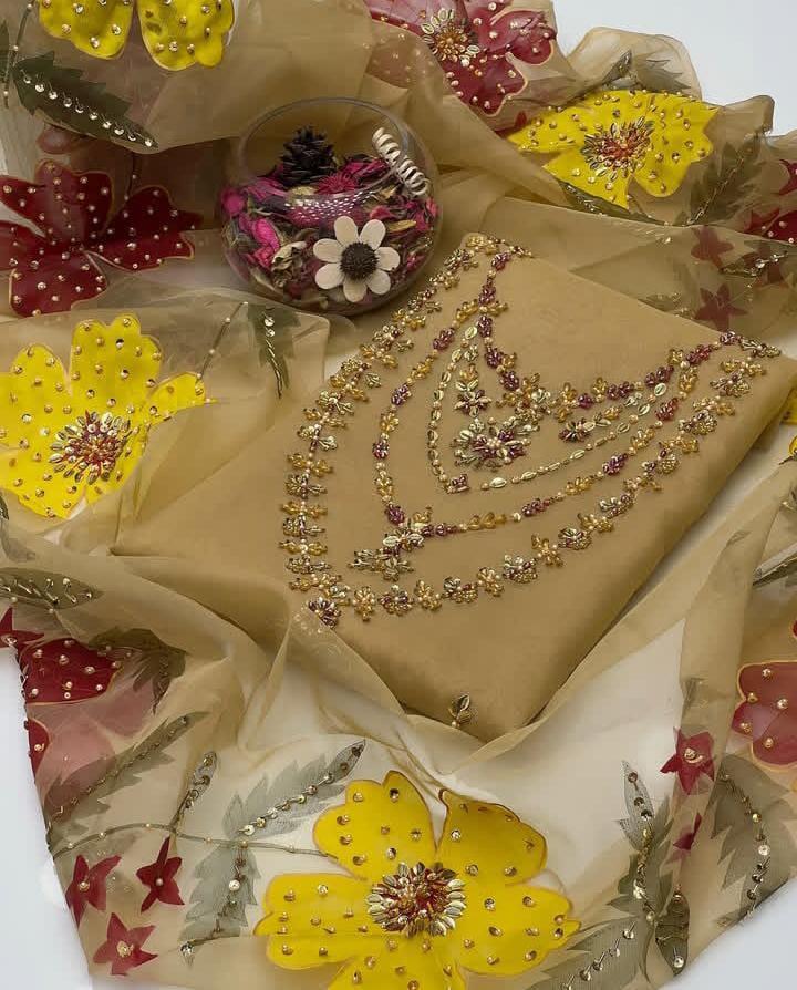 2 Pcs Women's Unstitched Zari Tilla Embroidered Suit