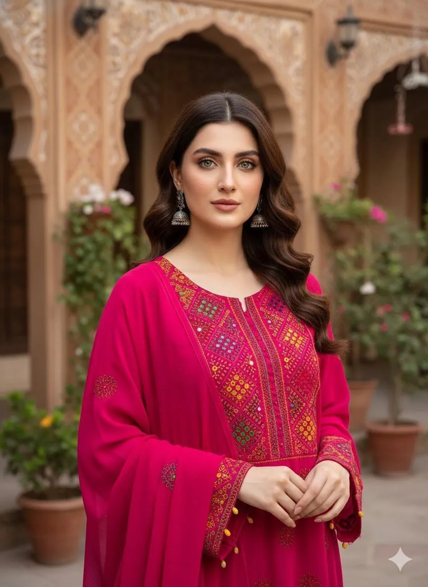 2 Pcs Women's Unstitched Sheesha Work Suit