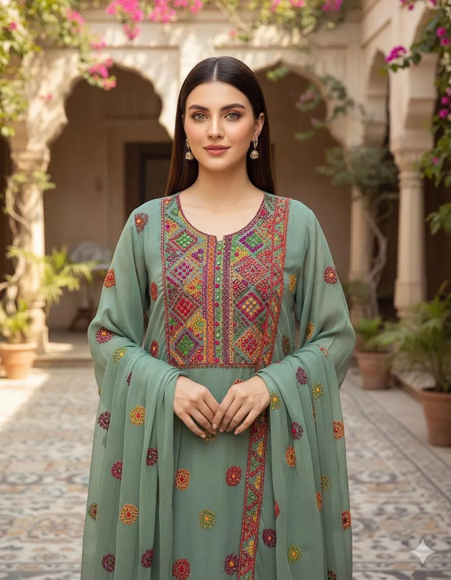 2 Pcs Women's Unstitched Sheesha Work Suit