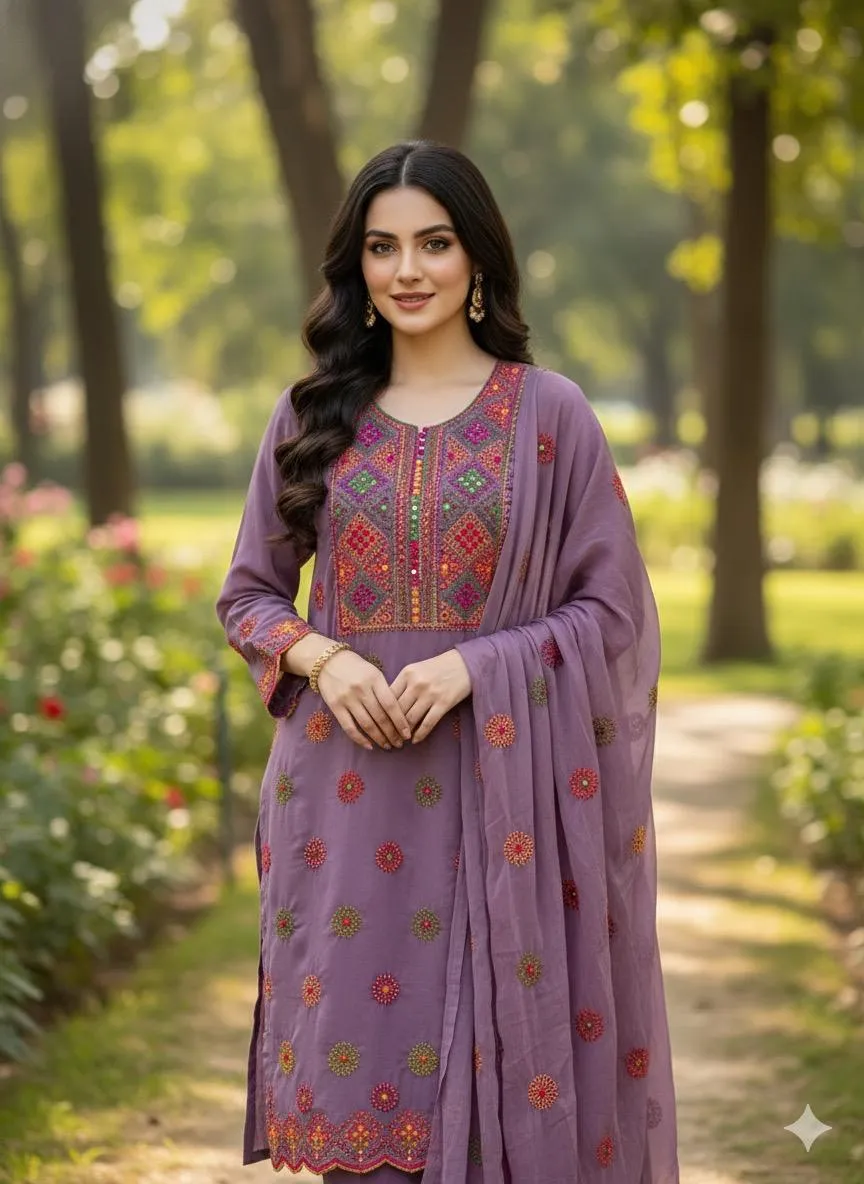 2 Pcs Women's Unstitched Sheesha Work Suit