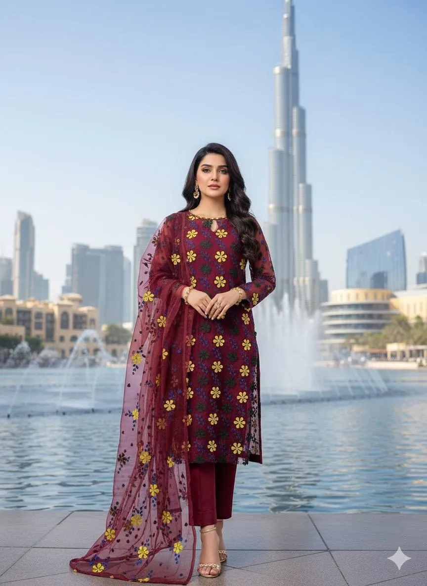 2 Pcs Women's Unstitched Applique Suit