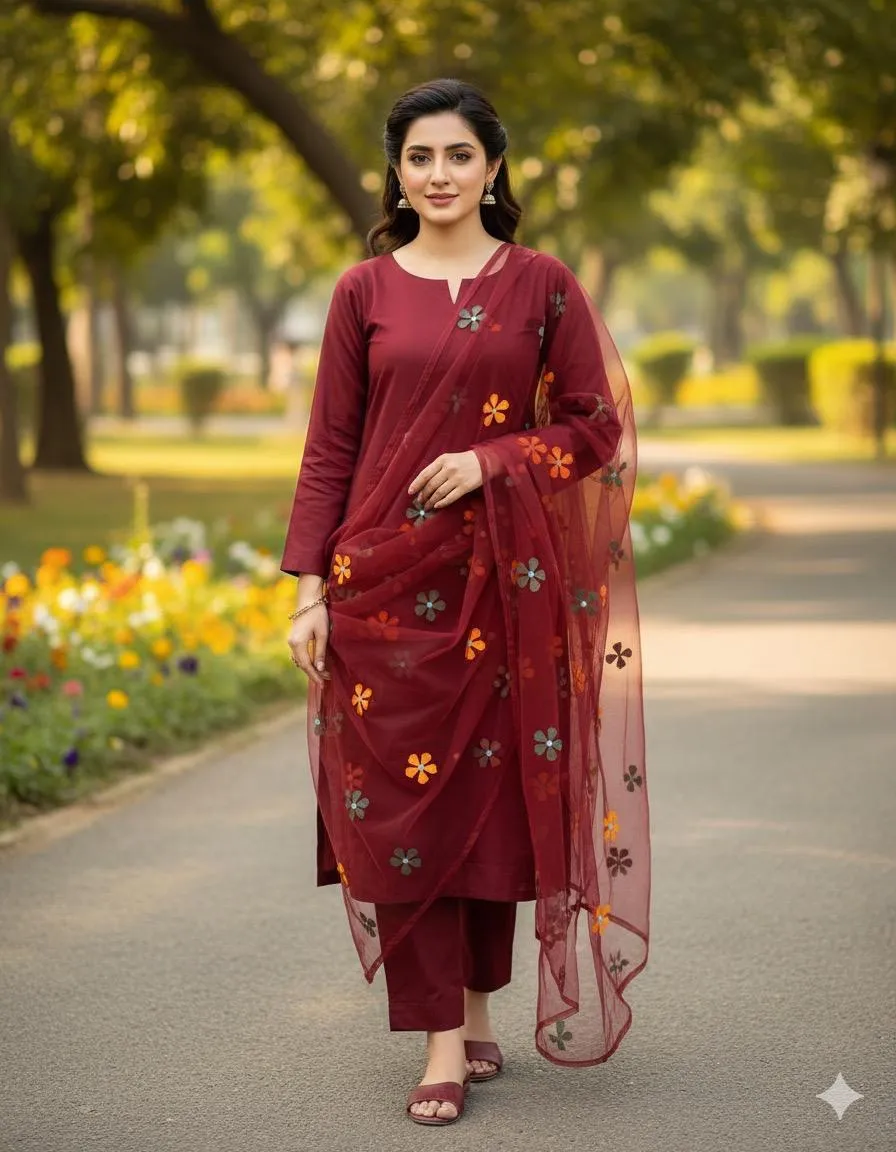 2 Pcs Women's Unstitched Applique Suit