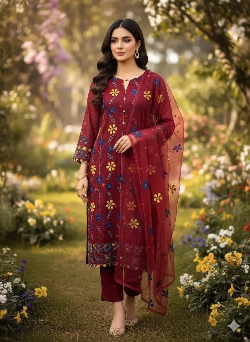 2 Pcs Women's Unstitched Applique Suit