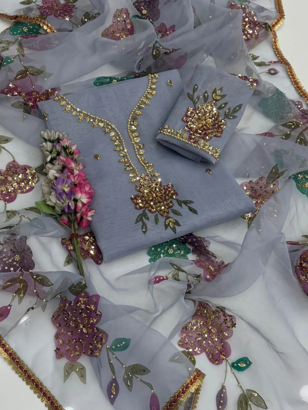 2 Pcs Women's Unstitched Sequins Embroidered Suit