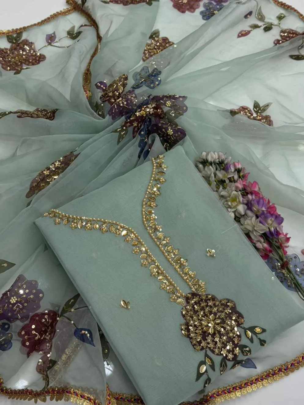 2 Pcs Women's Unstitched Sequins Embroidered Suit